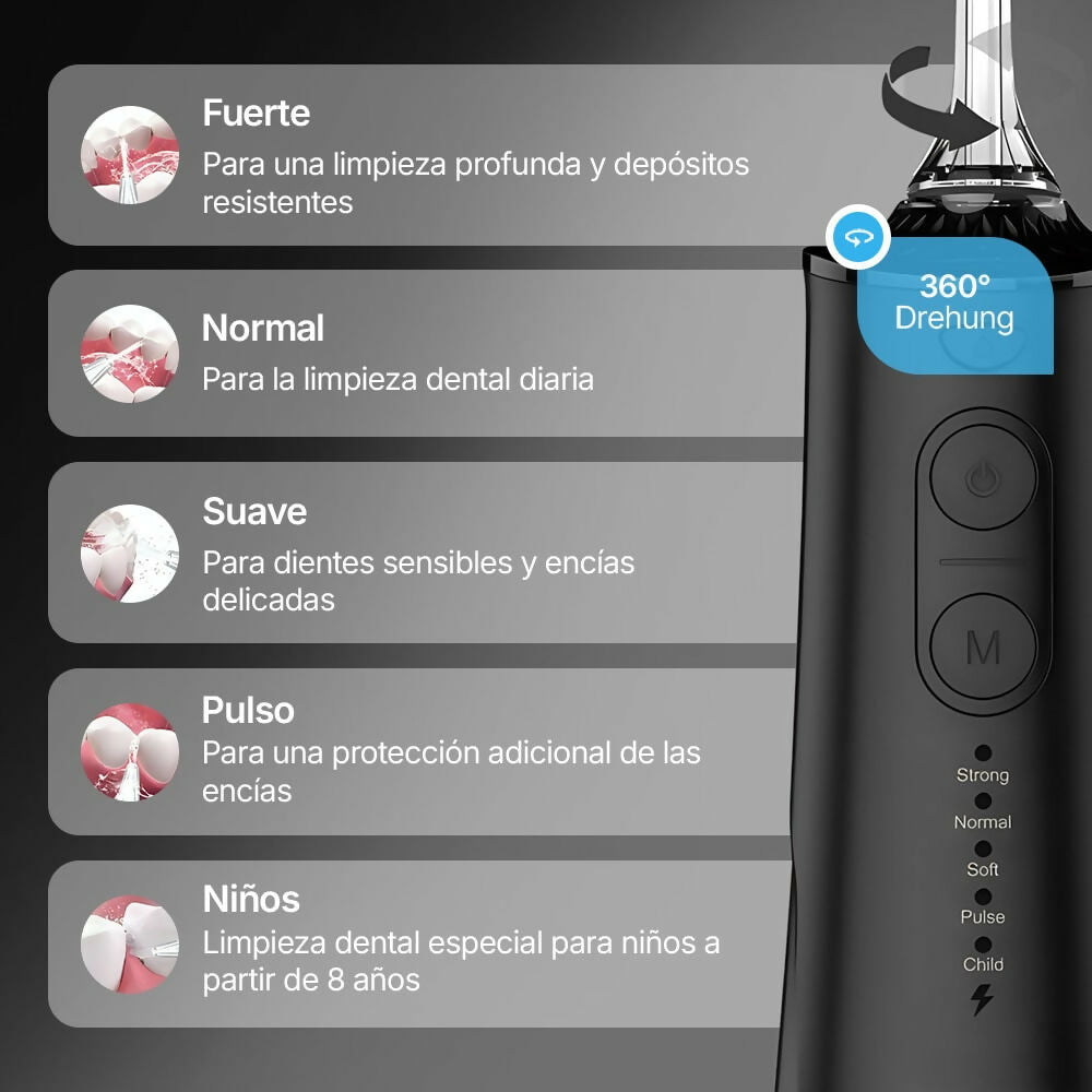 Irrigador dental inalámbrico para un cuidado óptimo de dientes y encías / 5 modos y 4 boquillas / depósito de agua de 300 ml / IPX7 impermeable / irrigador bucal para encías